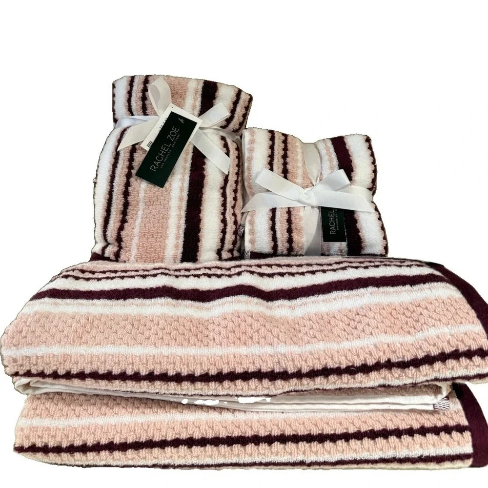 8 PC Rachel Zoe Pink Mauve White Striped Towel Set Bath Tip Washcloth NEW